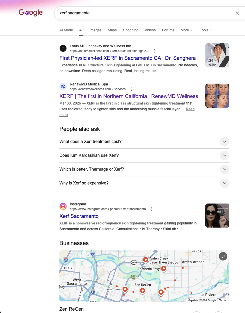 Google results for xerf sacramento, with Lotus MD Longevity and Wellness ranked first organically