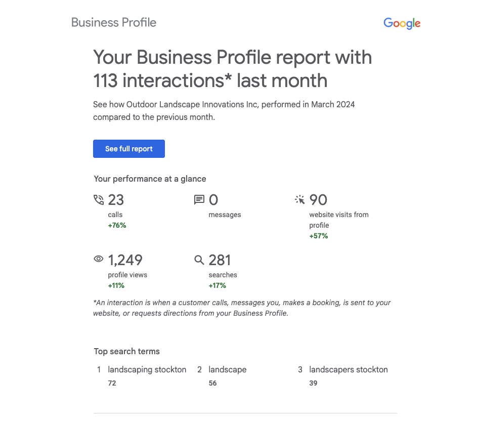 Google Business Profile calls and direction requests rising for a local client