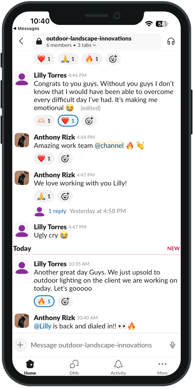 Phone showing a real Arcrel client channel: daily messages between the client and the Arcrel team celebrating wins together