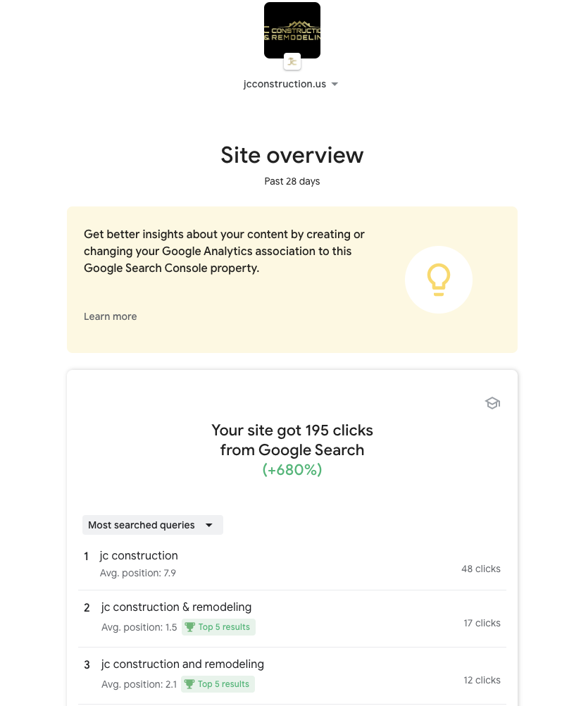 Keyword rankings for a construction client after the first month