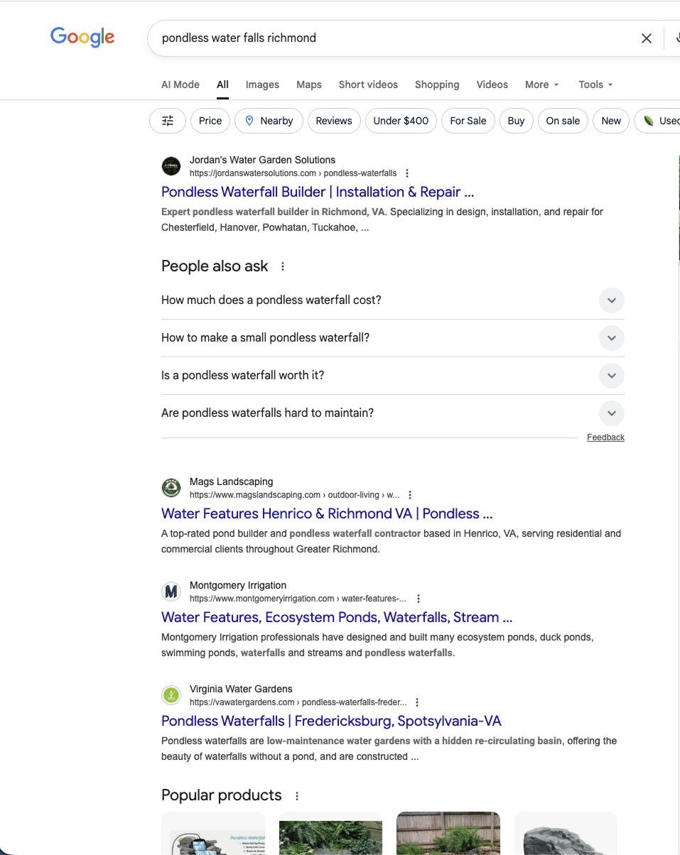 Google search for 'pondless water falls richmond' showing an Arcrel client ranked #1 in their local area