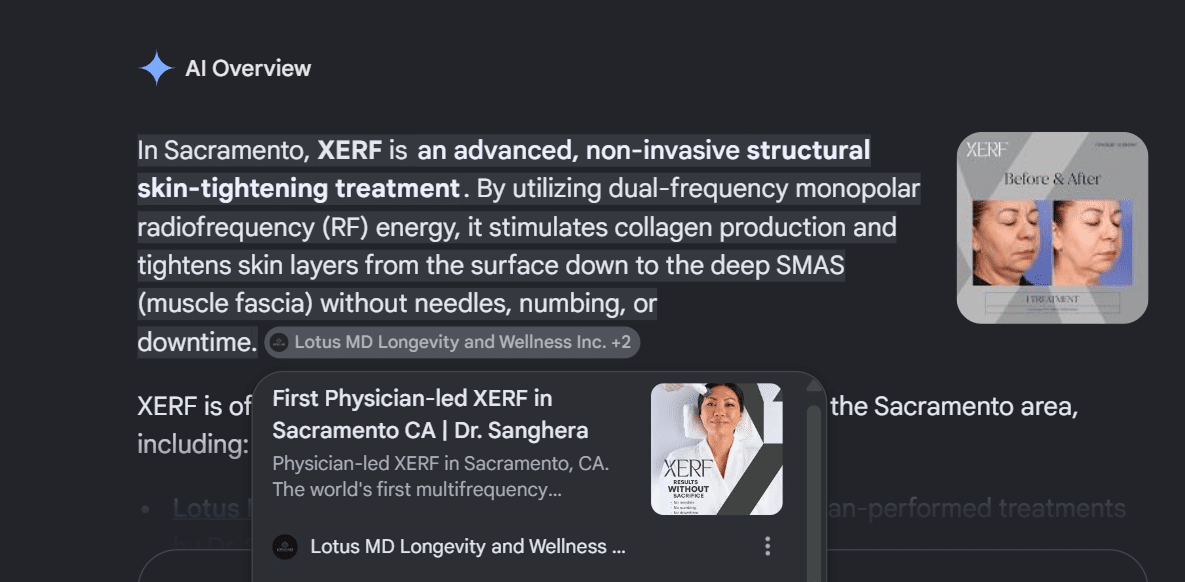 Google AI Overview citing an Arcrel client as a trusted source in the AI-generated answer